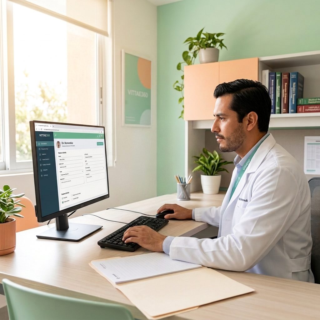 Médico revisando el historial clínico digital de un paciente en consulta