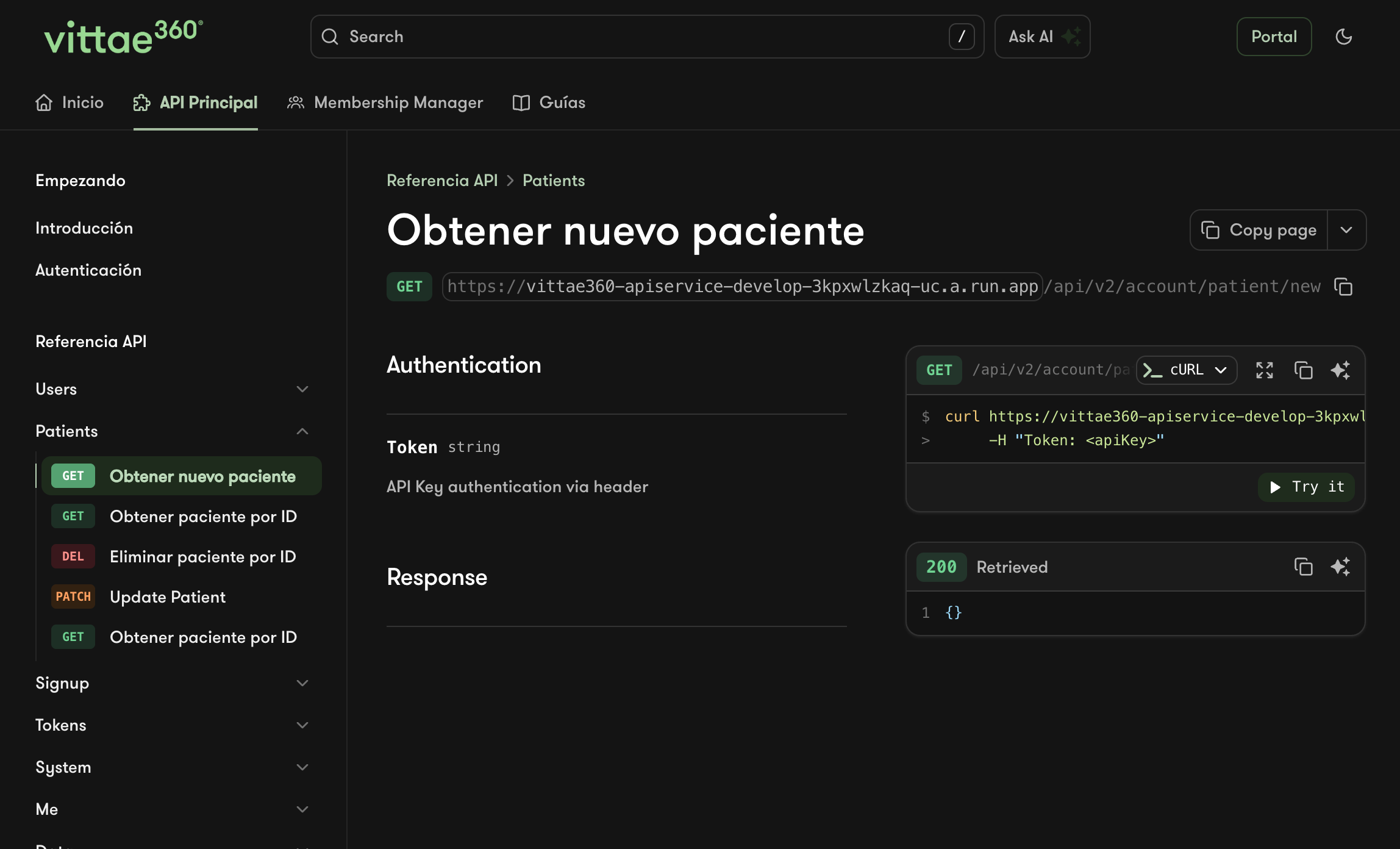 API de Salud Programática — referencia de endpoints, autenticación por token y respuestas