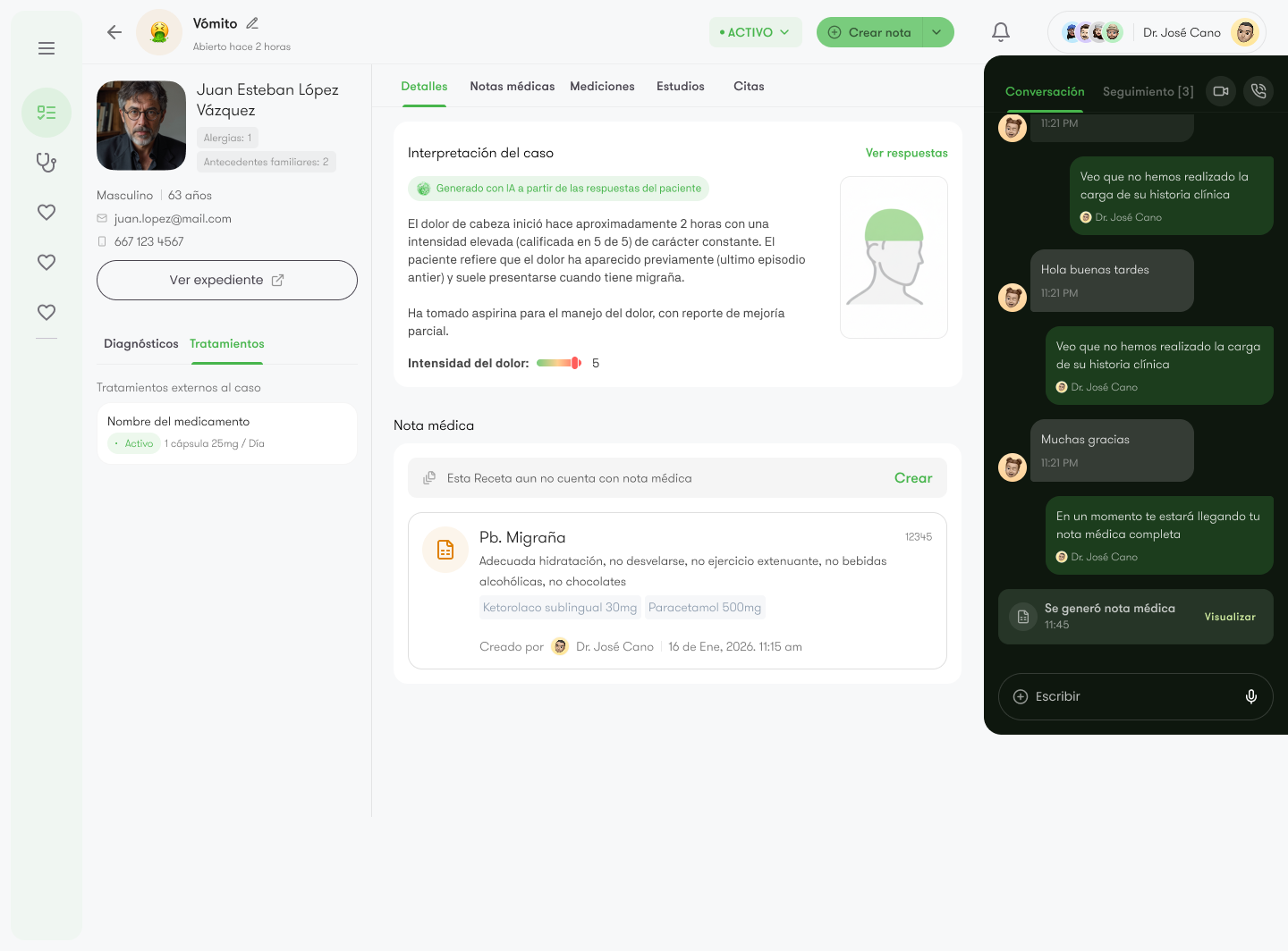 Intramed — vista del caso clínico con expediente, notas médicas y conversación